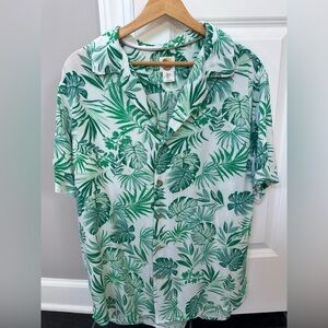 C.C California Men's White Shirt with Green Tropical Leaf Print 100% Rayon